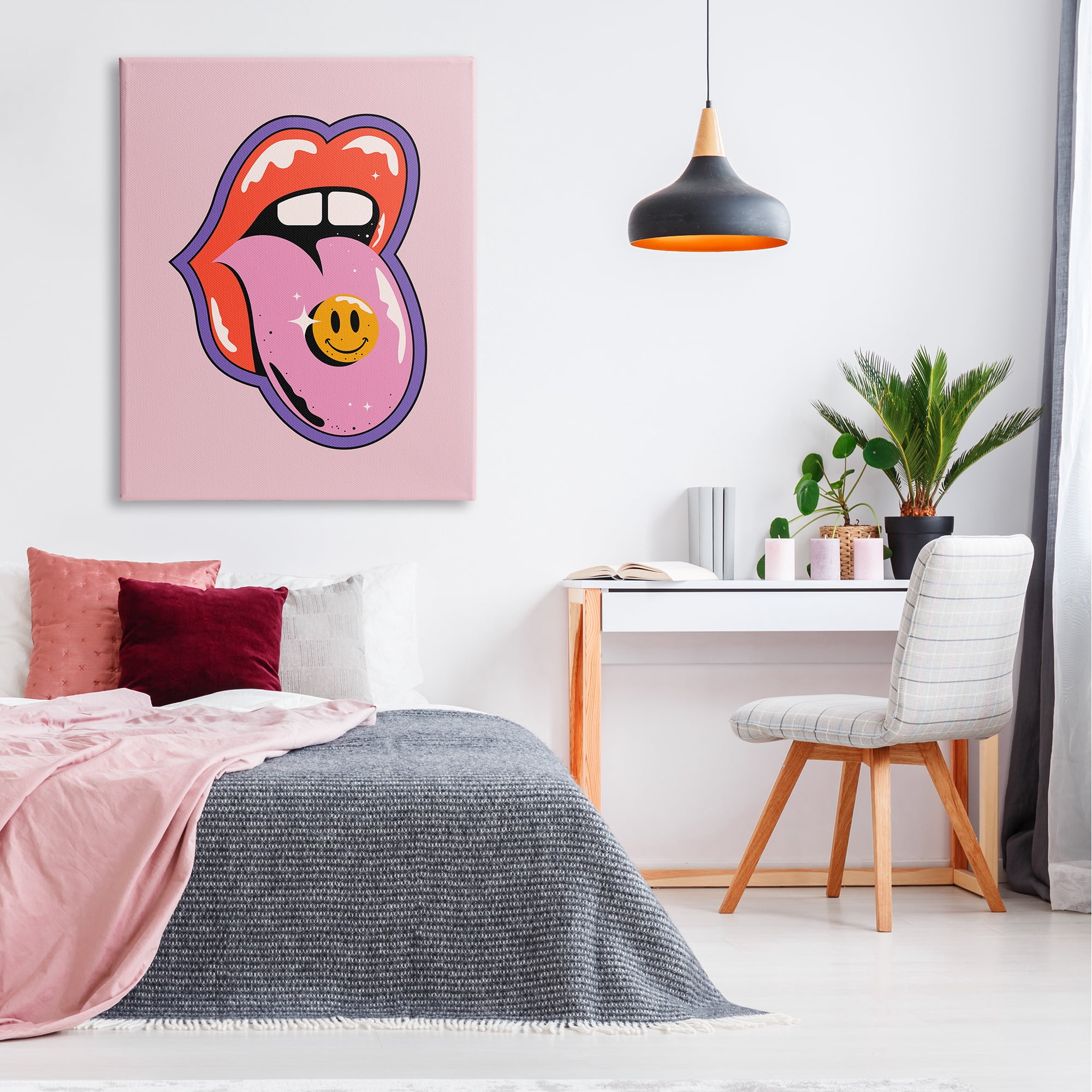 Stupell Industries Retro Lips with Smiley Abstract Painting Gallery Wrapped Canvas Art Print Wall Art, 36 x 48