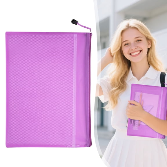 Mesh Zipper File Bag - Transparent Document Bag with Zipper - Multipurpose Mesh Pouch for Papers Makeup Travel - Rose Red A4
