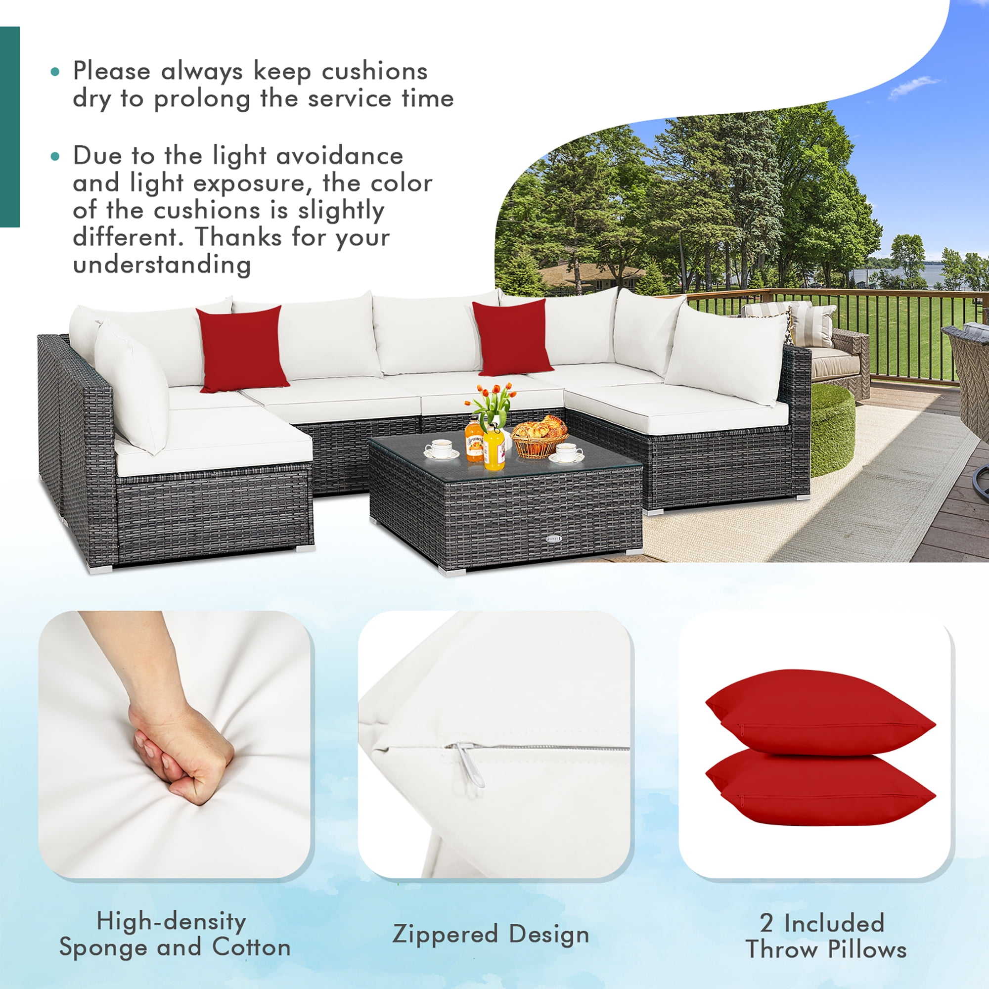 Costway 7PCS Patio Rattan Furniture Set Sectional Sofa Cushioned Off White