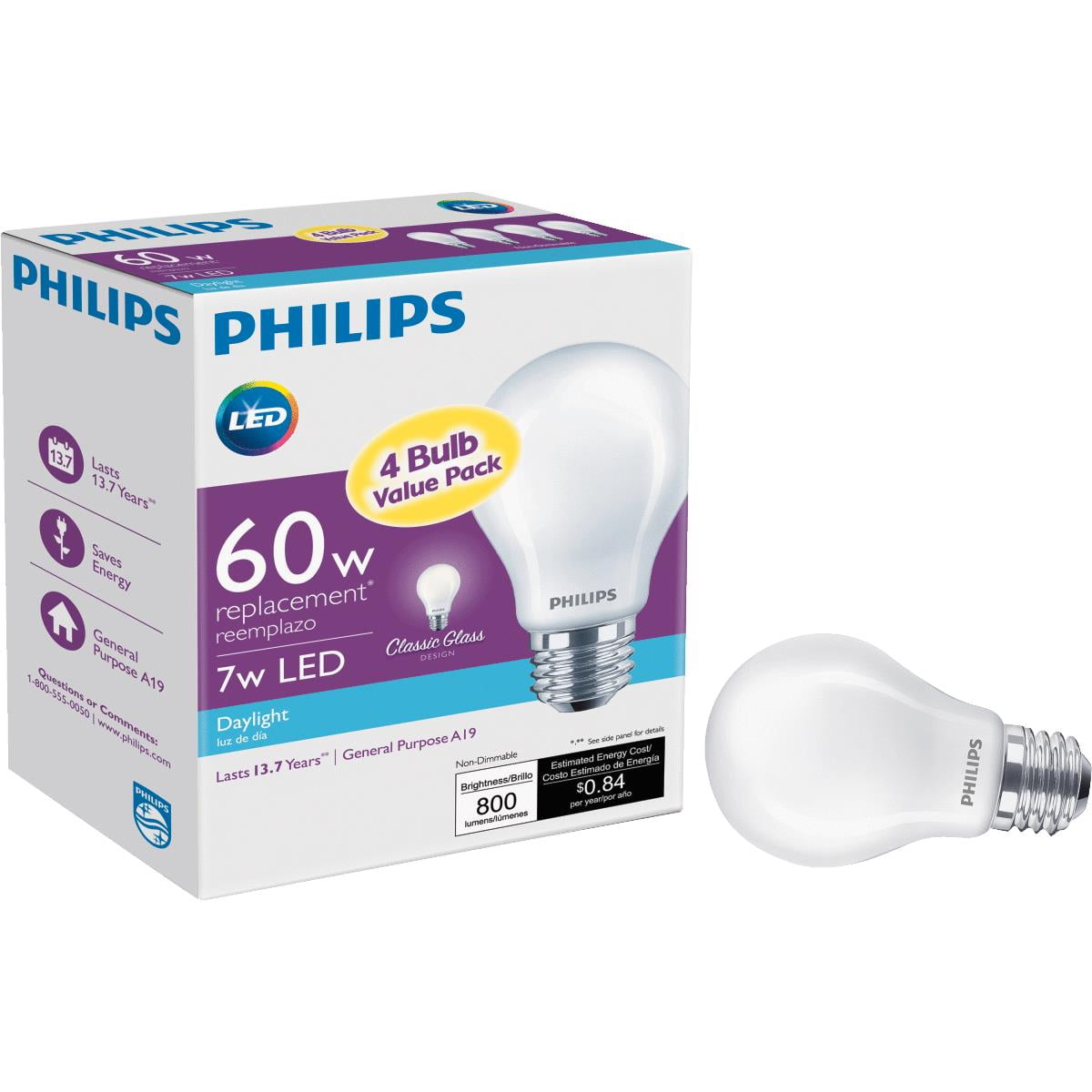 Philips 60W Equivalent Daylight A19 Medium LED Light Bulb (4Pack
