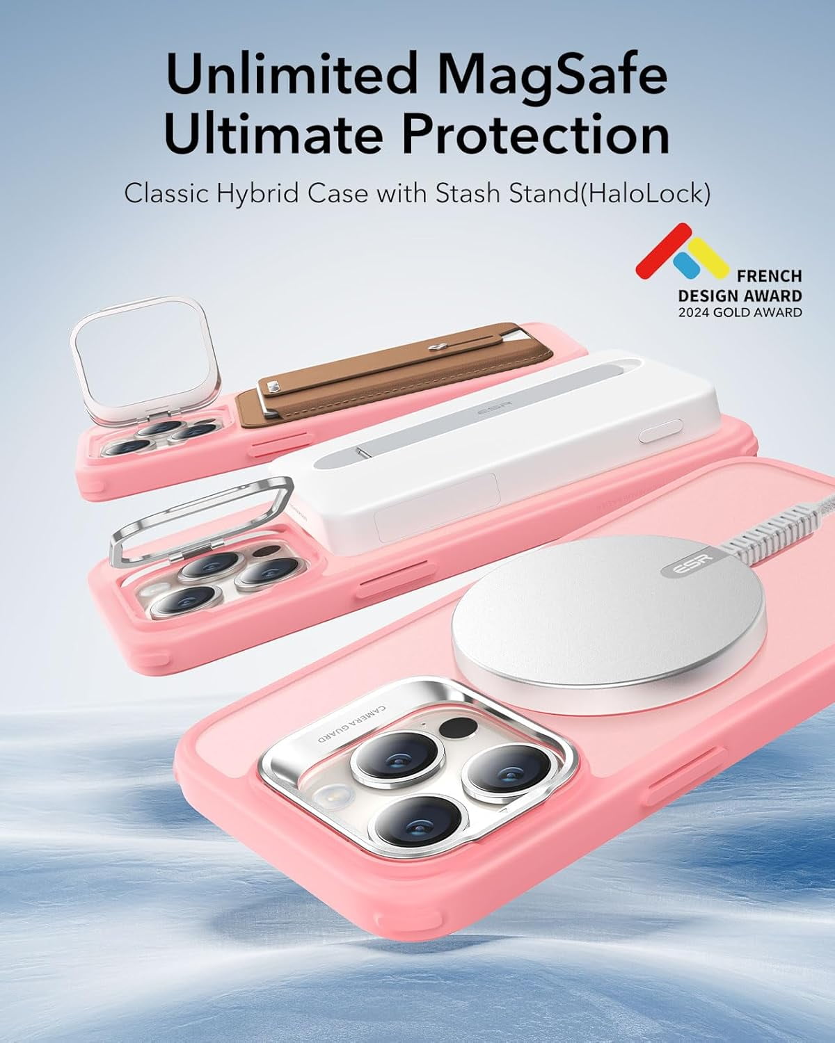 MHAWBL-for iPhone 15 Pro Case, Compatible with MagSafe, Military-Grade Protective Case, Built-in Stash Stand Phone Case, Scratch-Resistant Back Cover, Classic Series, Frosted Pink
