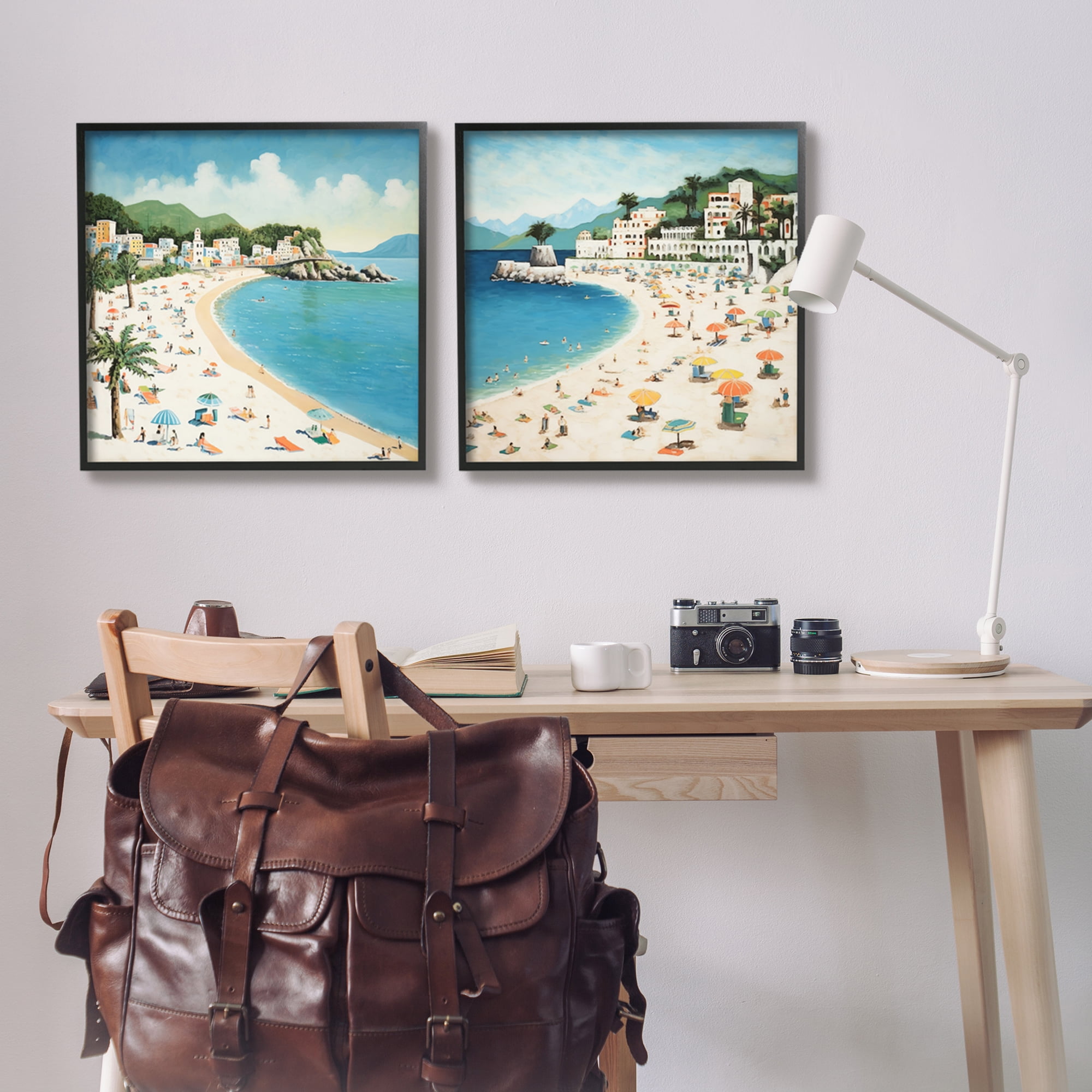 Stupell Industries Beach Goers on Curved Shore Landscape Painting Black Framed Art Print Wall Art, 24 x 24, Set of 2