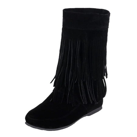 

HGWXX7 Fringed Boots Women Fashion Increased Flat Bottom Wedges Short Boots Suede Boots Fall Shoes