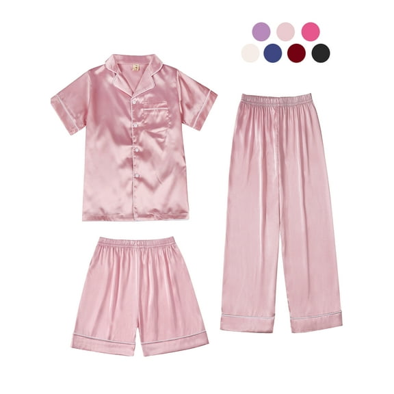 GYRATEDREAM 4-14T Kids Girls Boys Satin Pajamas 3 Pcs Set Silk Button-Down PJs Sets Soft Lounge Sets Short Sleeve Sleepwear