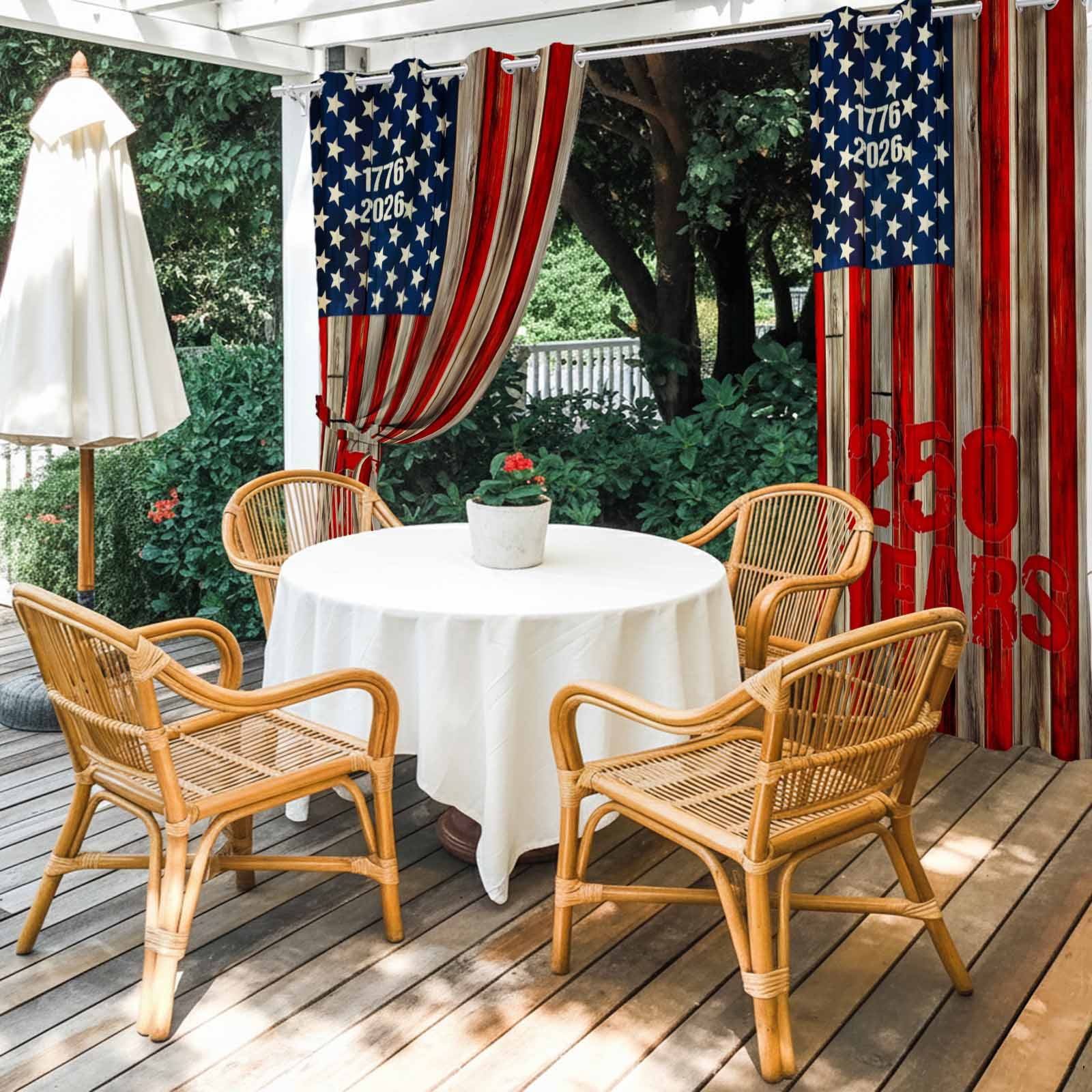 America Years Outdoor Curtains for Patio, Independence Day Patriotic Red Blue Flag Wood Grain Sunshade Privacy Drapes Grommet Waterproof Outside Curtains for Porch/Cabana/Balcony 54"x 108", 1 Panel