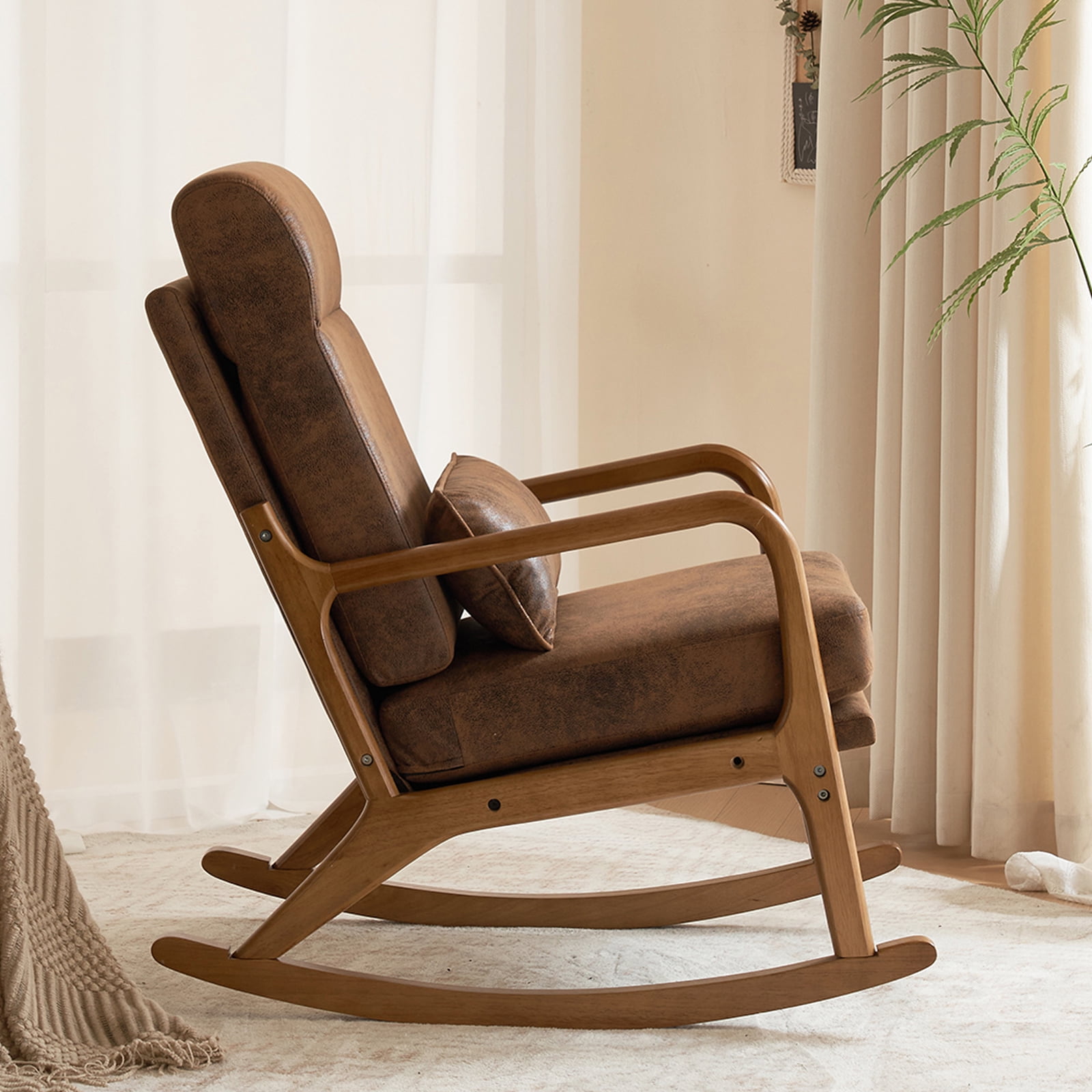 UWR-Nite Rocking Chair Nursery, 25.2" High Backrest Mid-Century Rocking Chair with Wooden Armrest Upholstered Glider Rocker with Free Lumbar Pillow for Living Room