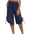 thumbnail image 2 of Henpk Womens Cotton Linen Bermuda Shorts Yoga Pants Tummy Control Workout Gym Shorts Loose Fit Casual Pants Elastic Waist Summer Beach Trousers Ladies Active Athletic Zipper Pockets Blue XXL, 2 of 6