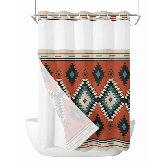 No Hook Shower Curtain with Snap-in Liner, Aztec Southwest Waterproof Fabric Bathroom Curtains, Orange Red Geometric Abstract Art Bath Curtains & Mesh Top Window 60"x72"