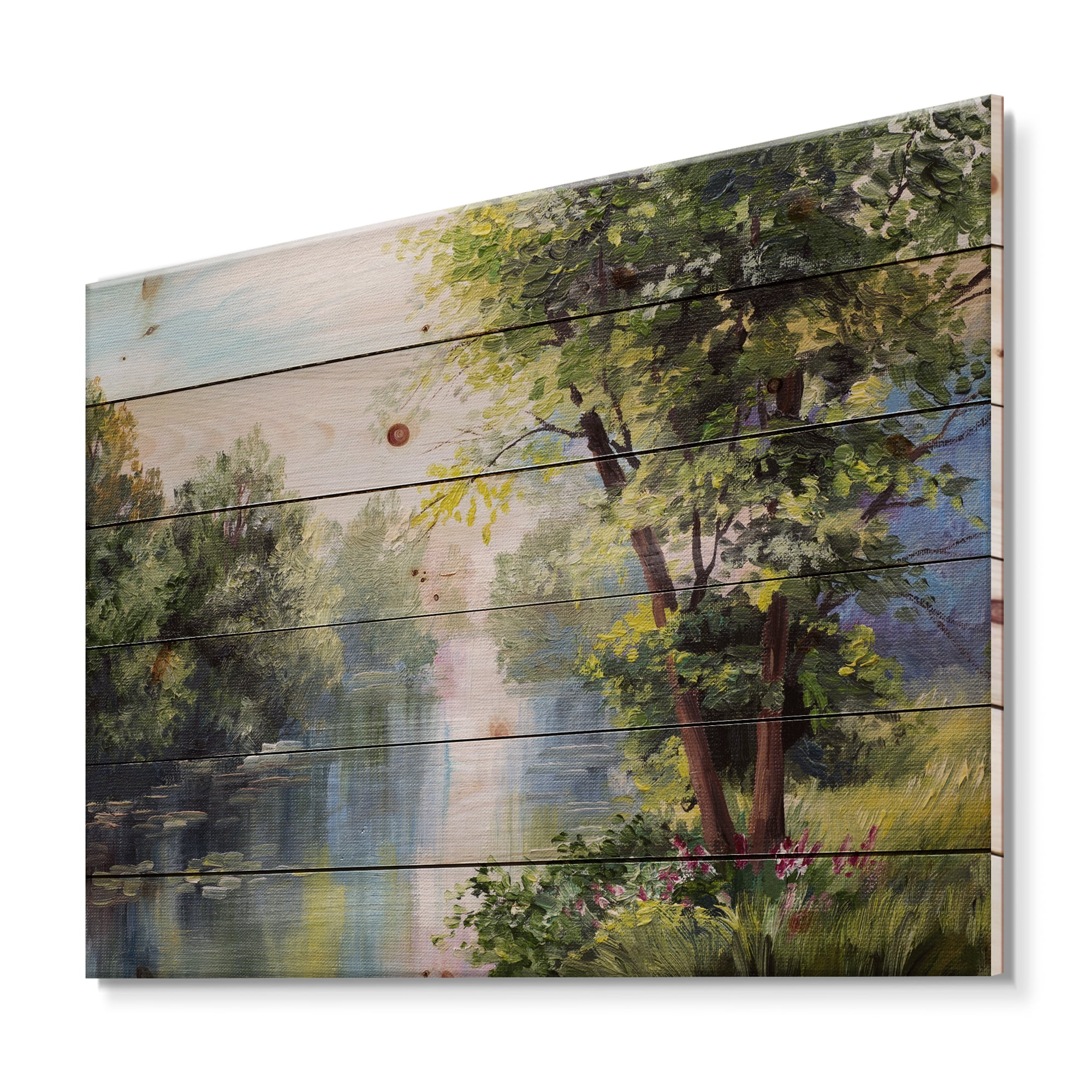 Designart 'Lake In The Forest Summer Day - Landscape' Lake In The Forest Summer Day - Lake House Print on Natural Pine Wood