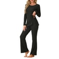 thumbnail image 4 of Conjunto de lounge de punto acanalado para mujer INSPIRE CHIC, con top de mangas largas y pantalones, juego de pijama de dos piezas a juego, XS negro, 4 of 6