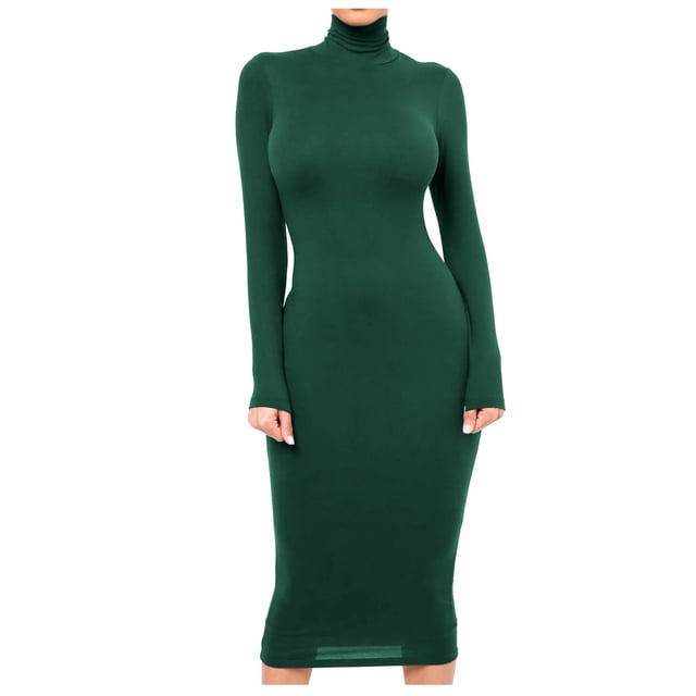 Hamky Robe Moulante Robe à Col Montant Robe Maxi Femmes Mode Ajustée Robe Longue à Col Montant Robe à Manches Longues Robe de Couleur Robe à Manches Longues Robes pour Femmes Robe Verte m