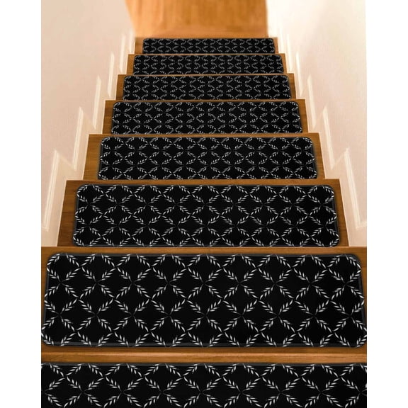 Stair Treads for Wooden Steps, Black Morocco Peel and Stick Stair Treads with Adhesive, Geometric Leaf Diamond Lattice Abstract Non Slip Indoor Stairs Runner Rugs Mats for Elders Dogs 8"x30"10PCS