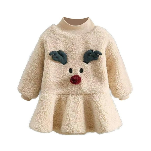 Odeerbi Toddler Girls Fall Winter Sweater Dress Christmas Cute Fleece Dresses Solid Color Velvet Long Sleeve Round Neck Dress Toddler Girls Clothes