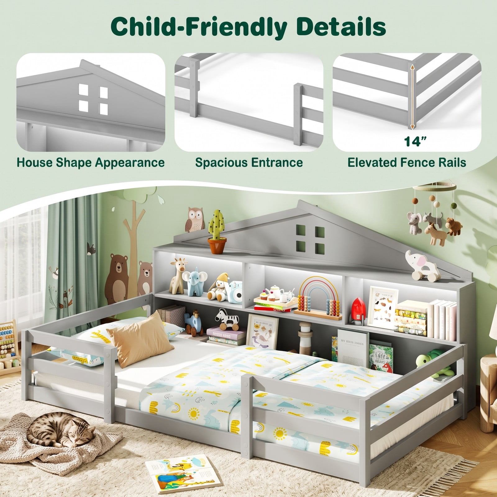 Furnibear Twin Bed Frame Montessori Floor Bed with House Headboard and Storage Shelf, Kids Room Floor Bed Frame with Headboard, Gray