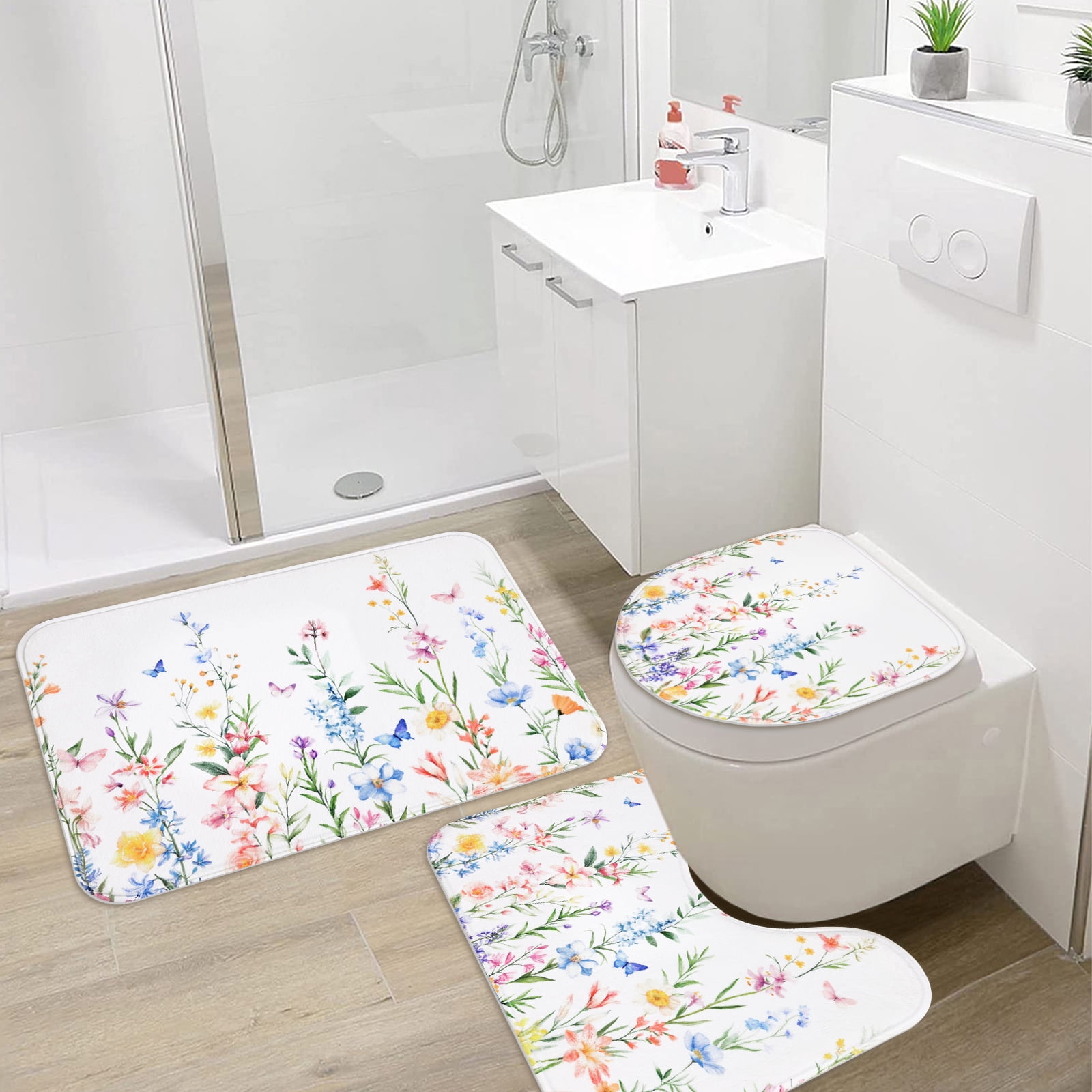 FRAMICS 16-Piece Floral Shower Curtain Sets with Rugs, Watercolor Wildflower Bathroom Sets with Hooks, Waterproof Fabric Bathroom Curtain, Machine Washable