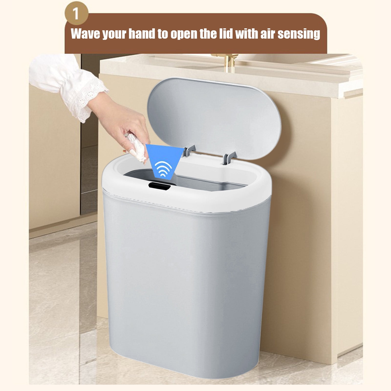 RBCKVXZ 12.5 Liter/3.3 Gallon Automatic Bathroom Trash Can, Touchless Motion Sensor Garbage Can with Lid, Smart Plastic Wastebasket for Bathroom, Office, Bedroom, Living Room, Gray
