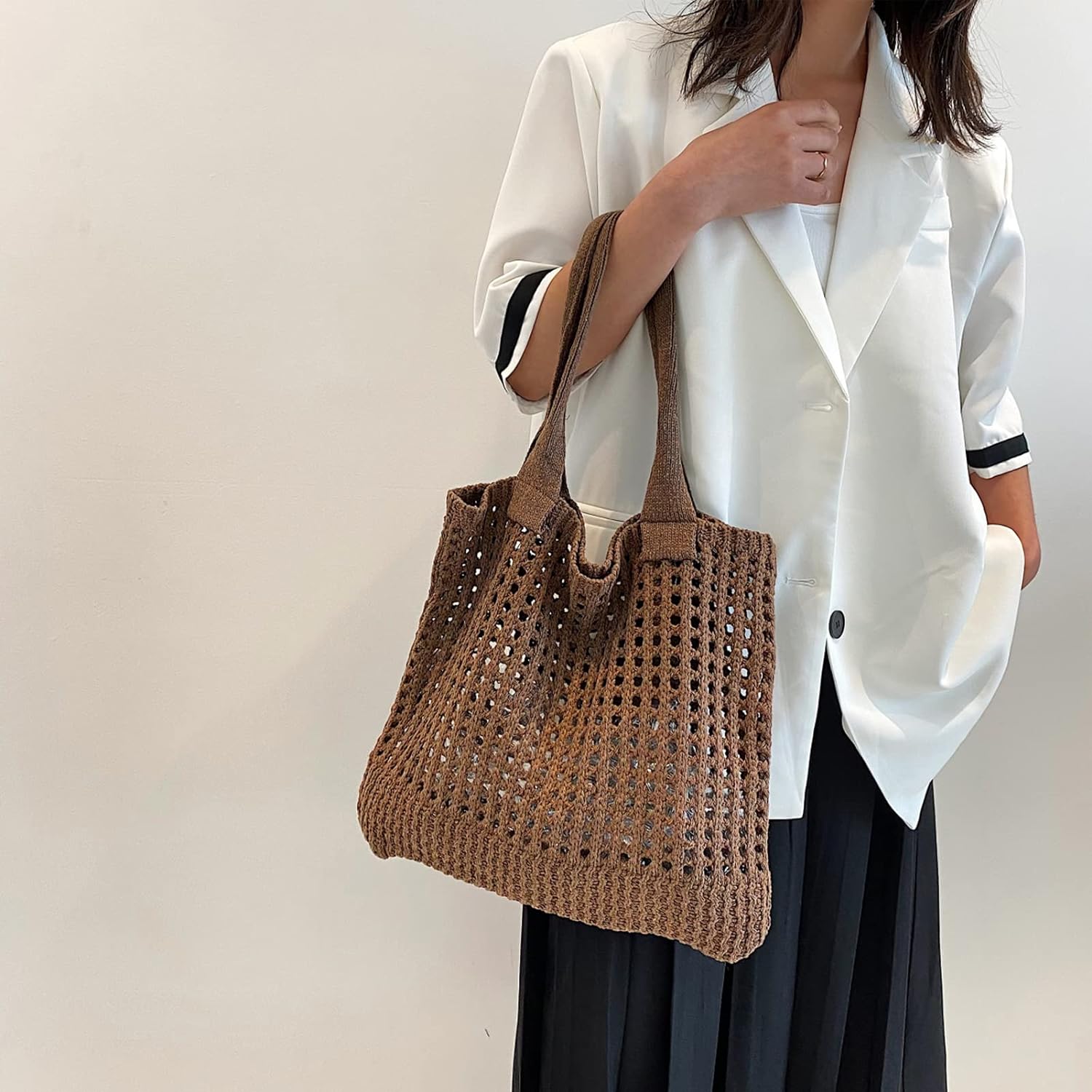 Kukuzhu Crochet Beach Bags for Women, Woven Travel Tote Fishing Net Handbag Shopping Large Hobo Shoulder Bag for for Holiday