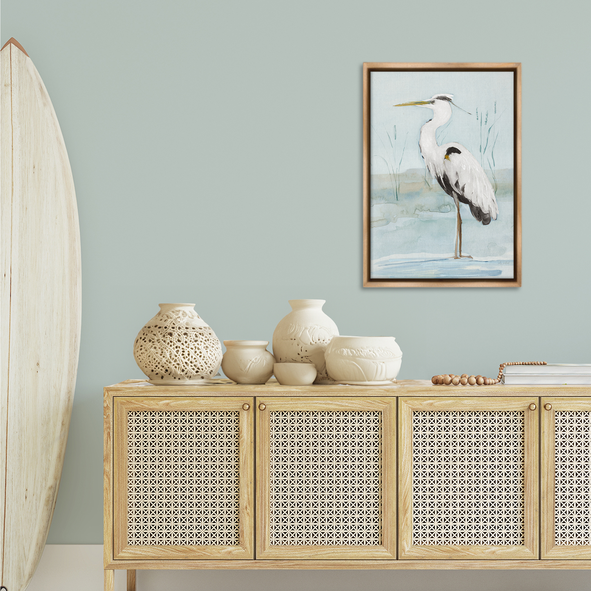 Stupell Industries Standing White Egret Animals Painting Brown Floater Framed Canvas Art Print Wall Art, 21 x 31