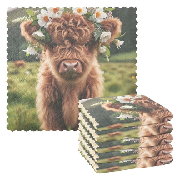 Scotland Highland Cow Flowers Kitchen Cloth Dish Towels for Drying Washing Absorbent Dish Rags Reusable soft kitchen dishcloth set 6 Pack