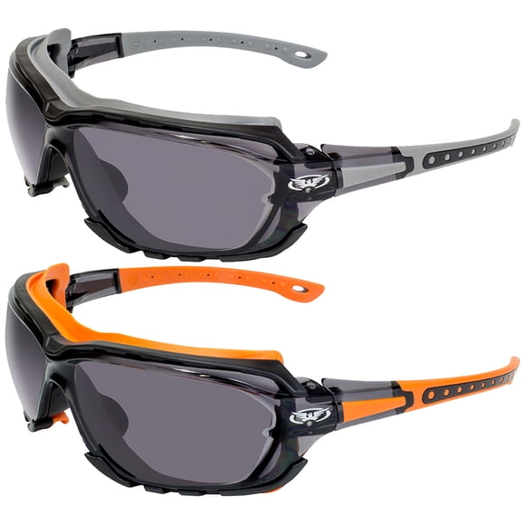 2 Pairs of Global Vision Octane Padded Motorcycle Riding Glasses Safety Sunglasses Grey + Orange Gaskets Smoke Lenses