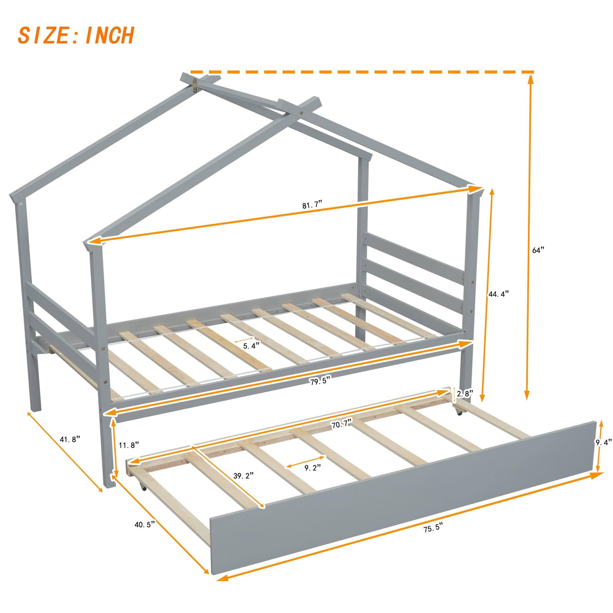 Bellemave House Bed with Trundle, Solid Wood Twin Size Playhouse Platform Bed with Roof, House Shaped Daybed for Teens (Gray)