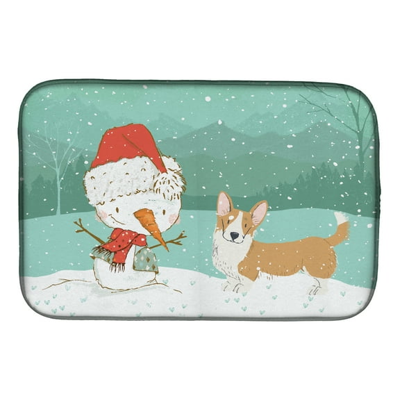 Cardigan Corgi Snowman Christmas Dish Drying Mat
