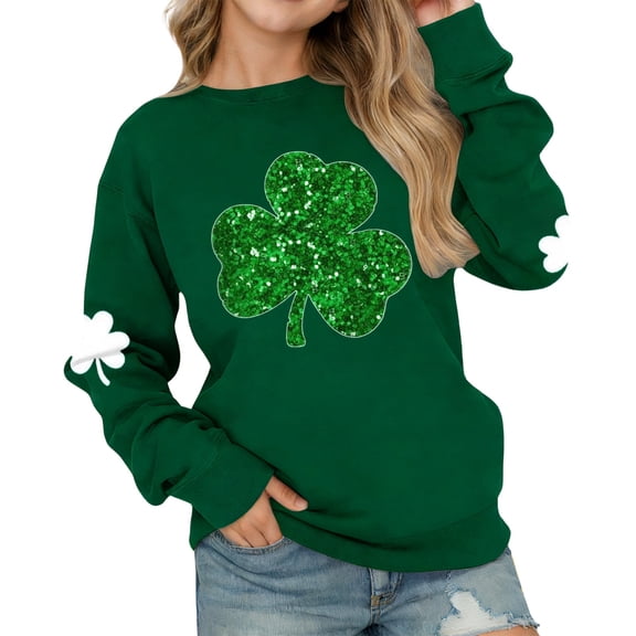 WOYY Girl's St. Patrick's Day Clover Sweatshirt Casual Long Sleeve Sweatshirts, Sizes 3-14
