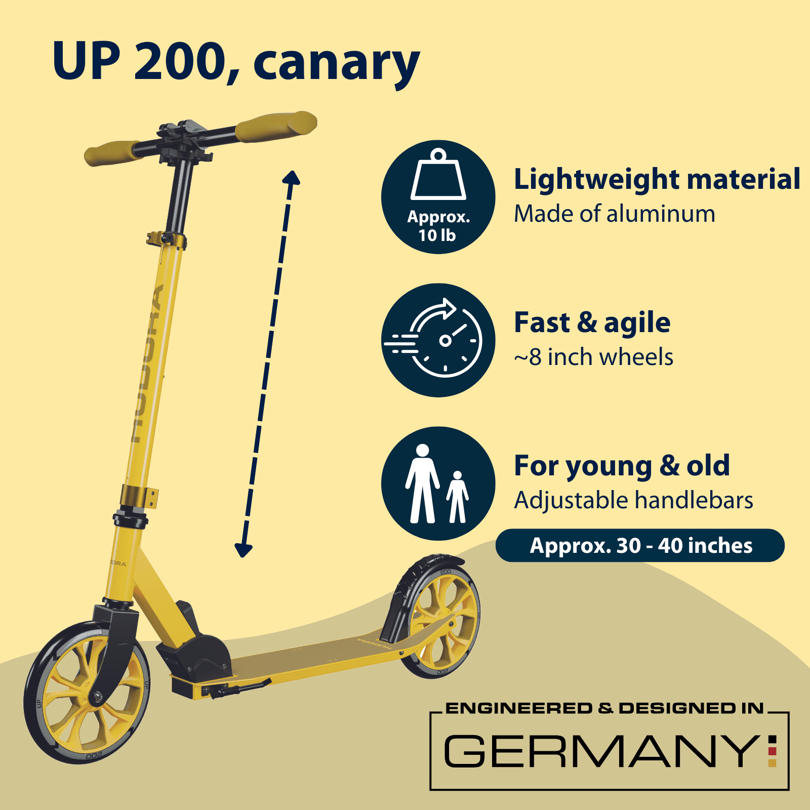 Hudora Scooter Up 200 (78") Canary - Lightweight - for Teens, Kids & Adults - up to 220lb