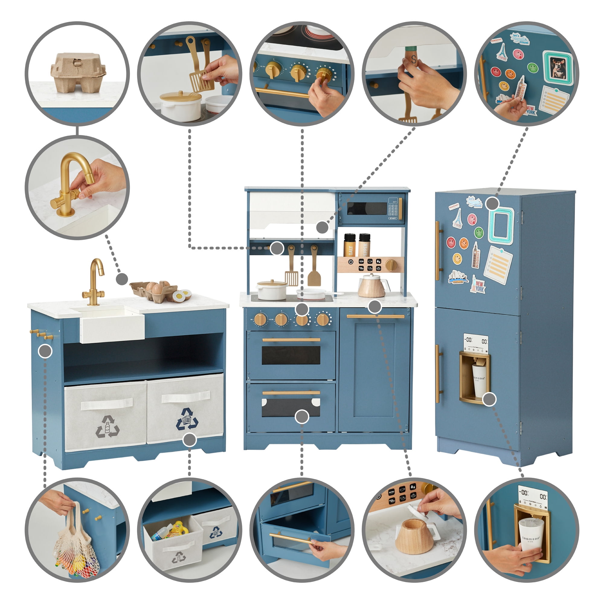 Teamson Kids Little Chef Atlanta Modular Wooden Play Kitchen with Ice Maker, Magnetic Fridge & 17 Accessories