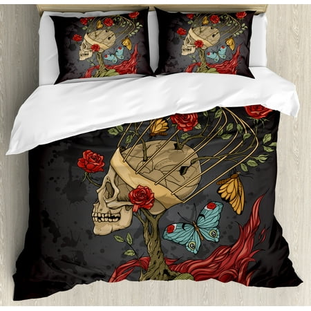 Mexican Bush - Skull Queen Size Duvet Cover Set, Evil Mexican Sugar Skeleton with Kitsch Bush of Roses Snake and Butterfly Artwork, Decorative 3 Piece Bedding Set with 2 Pillow Shams, Ruby Dark Grey, by Ambesonne