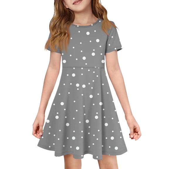CCRFTGI Dresses for Child Girls Size 7 Casual Short Sleeve Summer A Line Skater Dress Cute Polka Dots Dresses Holiday Girls Fashion Gray 5-6 Years