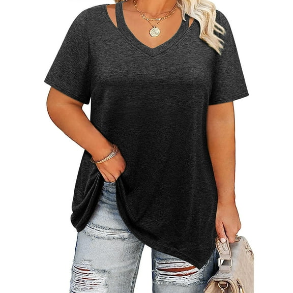 Babysbule Women's Plus Size V Neck T-Shirt Soft Comfy Casual Short Sleeve Blouse for Summer Spring