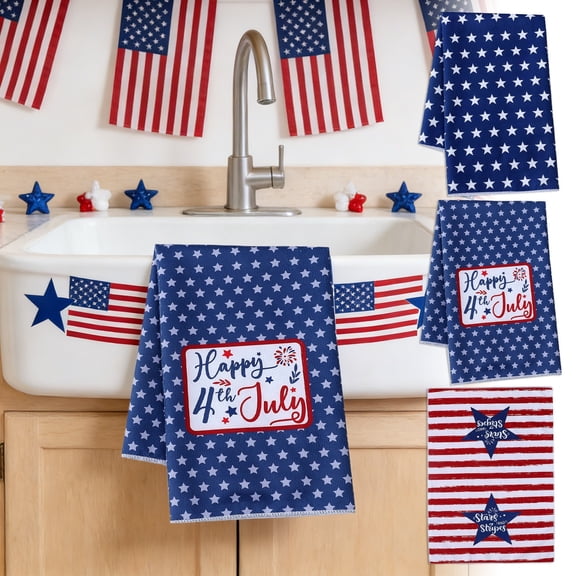 FEOLGEHLY Patriotic Kitchen Towels 4th of July Independence Day Fireworks Stars Red White Blue Dish Towels, 18x28 inch Seasonal Summer Memorial Day Decoration Hand Towels
