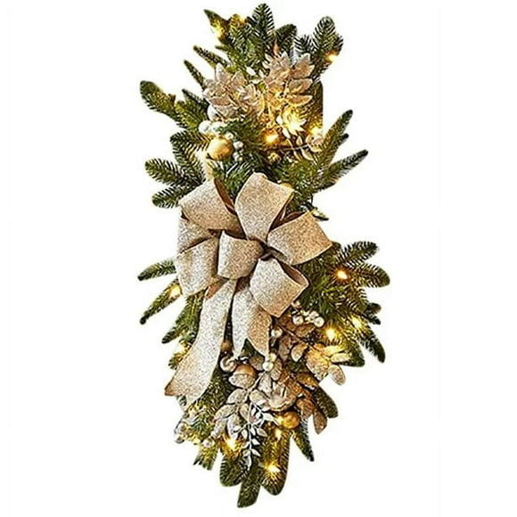 50cm Cordless Prelit Stairway Swag Trim, Artificial Christmas Teardrop Swag, Handmade Berry Pine Nut Wall WreathChristmas Tree Golden Snowflake, Glitter Lighted Gold Snow Tree Topper for Christmas Tr