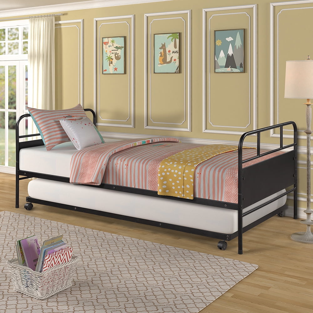 Private Jungle Metal Daybed Platform Beds, Steel Bed Frame with Trundle Built-in Casters,Twin/Black Private Jungle Metal Daybed Platform Beds, Steel Bed Frame with Trundle Built-in Casters,Twin/Black