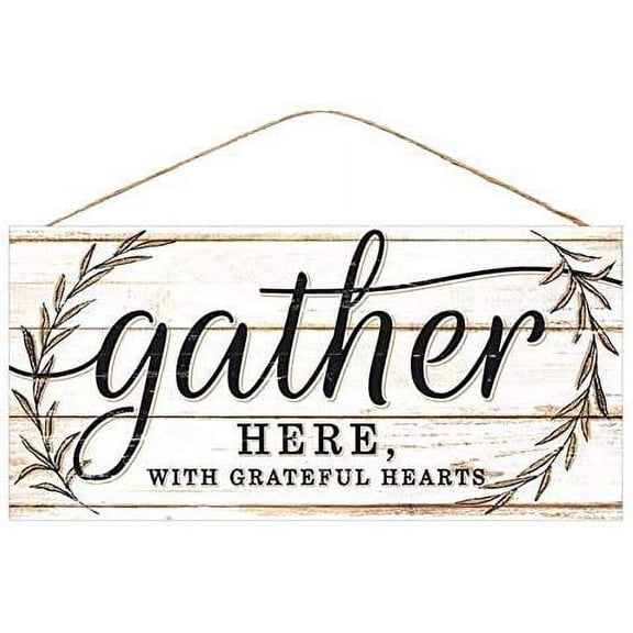 Gather With Grateful Hearts Sign - 12.5" x 6", Easter, Thanksgiving, Wreath, Christmas