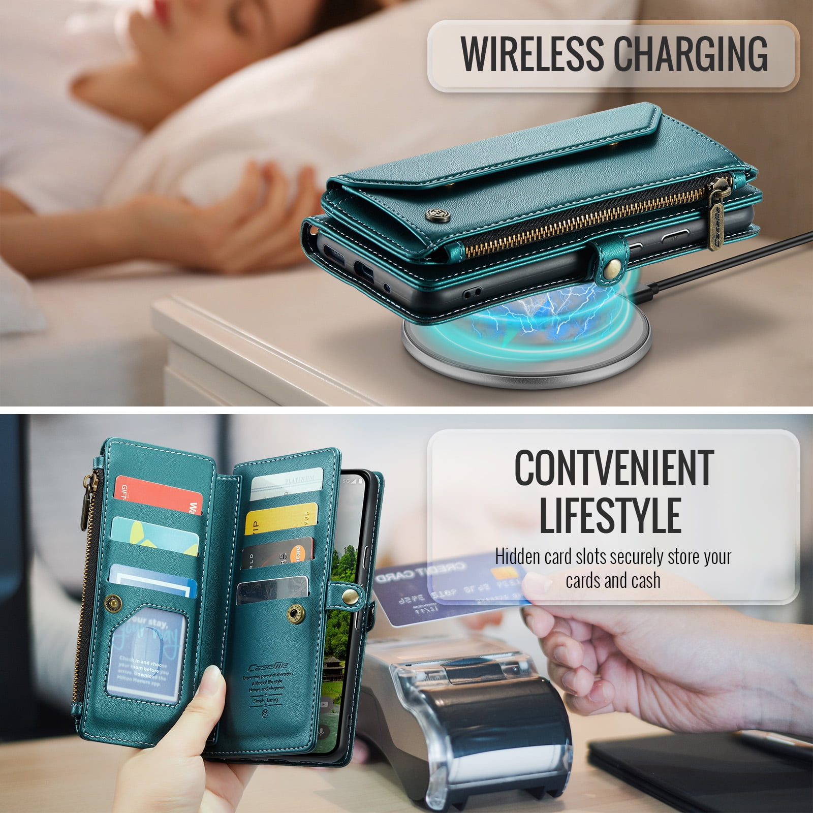 for Google Pixel 7a Full Body Protection Wallet Folio Flip Case, Shoulder Strap & Wristlet Card Slots Zipper Pocket RFID Blocking Rugged Durable PU Leather Phone Case Cover, Green