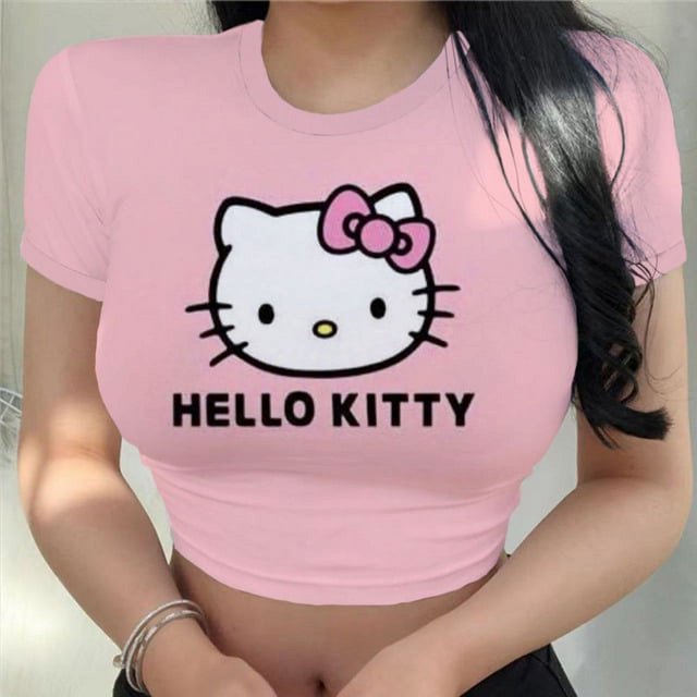 2024 T-shirt d'Été pour Femmes à Manches Courtes Hello Kitty Imprimé Col Rond Hauts Courts Ultracourts Aguichant Dames Simple Mode T-shirts tzw