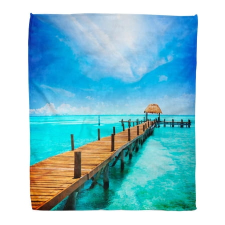 SIDONKU Throw Blanket Warm Cozy Print Flannel Paradise Vacations and Tourism Tropical Resort Jetty on Isla Mujeres Mexico Comfortable Soft for Bed Sofa and Couch 50x60 Inches