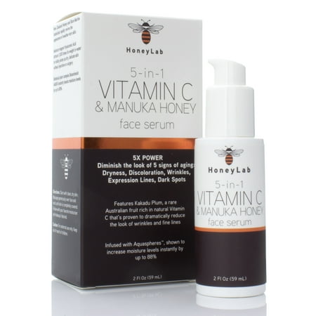 HoneyLab Vitamin C Face Serum with Hyaluronic Acid, Manuka Honey and peptides. Anti-aging serum contains Marine extracts that soften the look of dark spots, wrinkles and fine lines. 2oz (Best Manuka Honey In The World)
