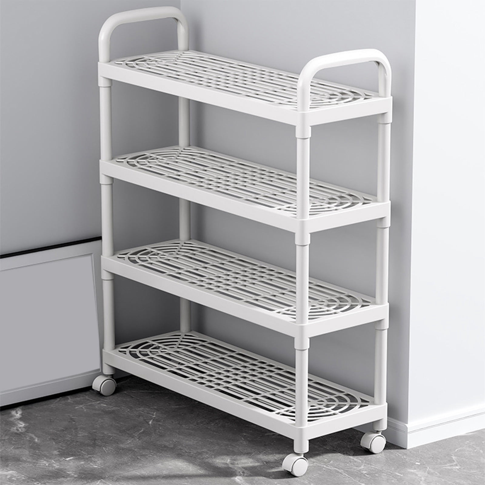 27.6x20.1x7.9 in Rolling Plastic Shoe Rack, Stackable & Detachable, Fits Boots & Sneakers, White Rust-Proof Entryway/Dorm/Garage Storage