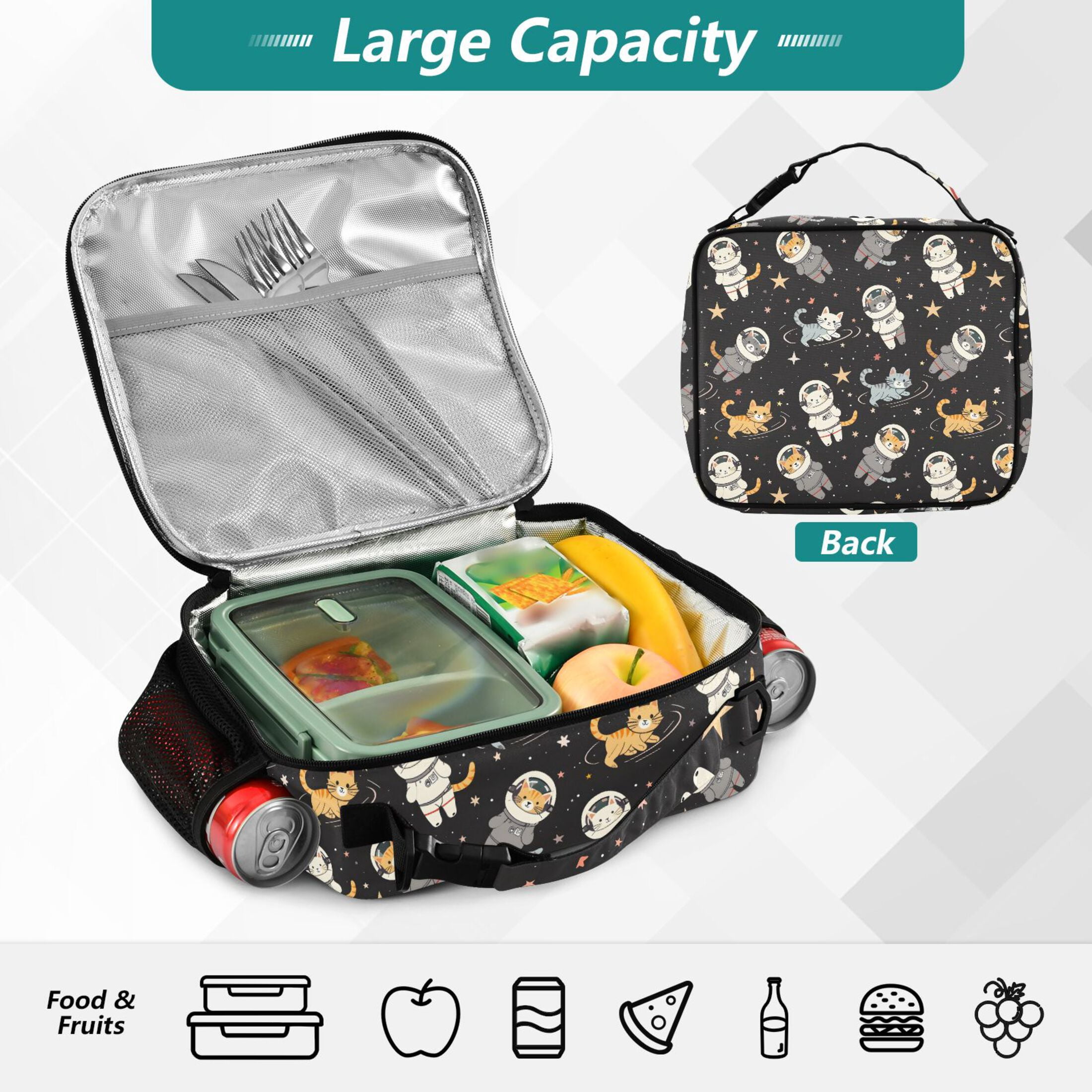 ALAZA Cats on Space Lunch Box Insulated Lunch Bag Cooler Tote with Shoulder Strap