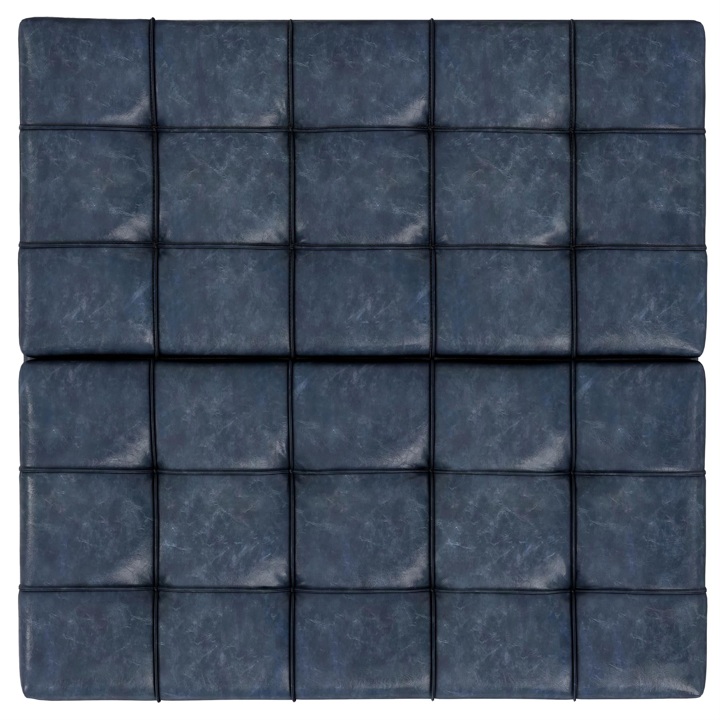 Harrison 40 inch Wide Transitional Large Square Coffee Table Storage Ottoman in Denim Blue Vegan Leather