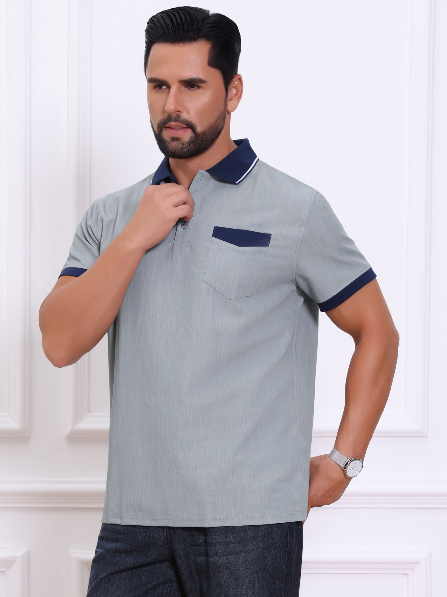DARING DIVA Men's Short Sleeve Western Retro Stretch Color-Block Polo Shirts 2XL Gray