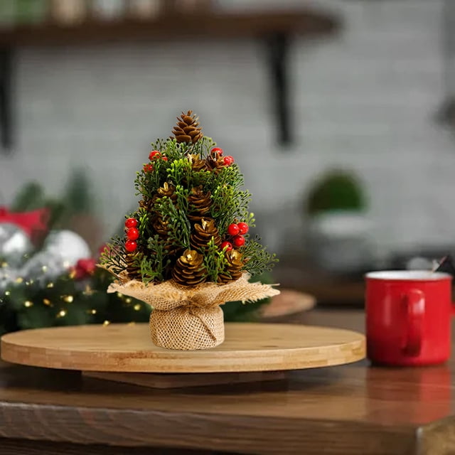 6.69inches Mini Christmas Tree Ornaments Christmas Ambience Desktop Red Fruit Linen Christmas Tree Decorations