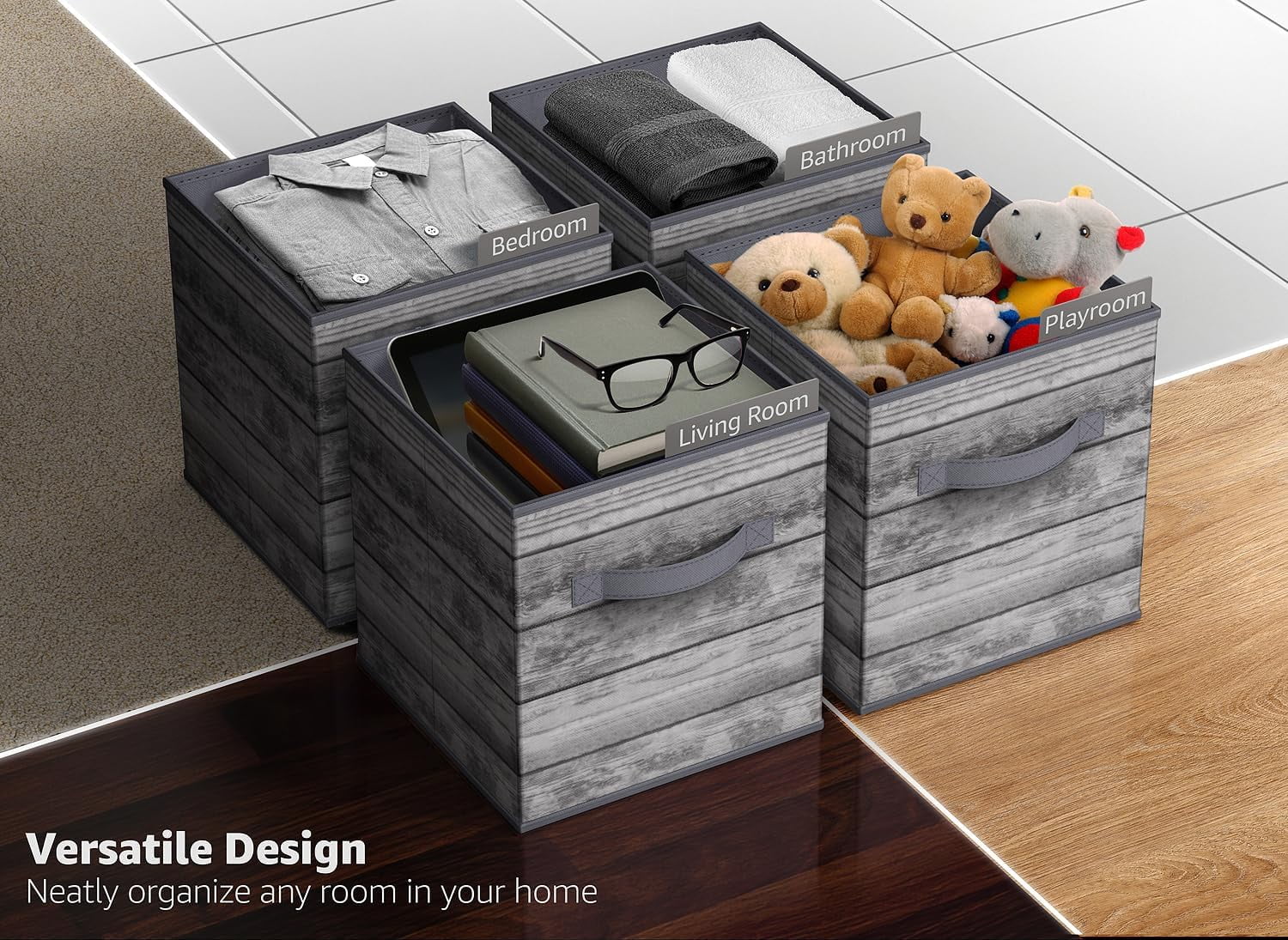 Sorbus 11" Foldable Fabric Storage Cube Bin, Wood Gray (2 pack)