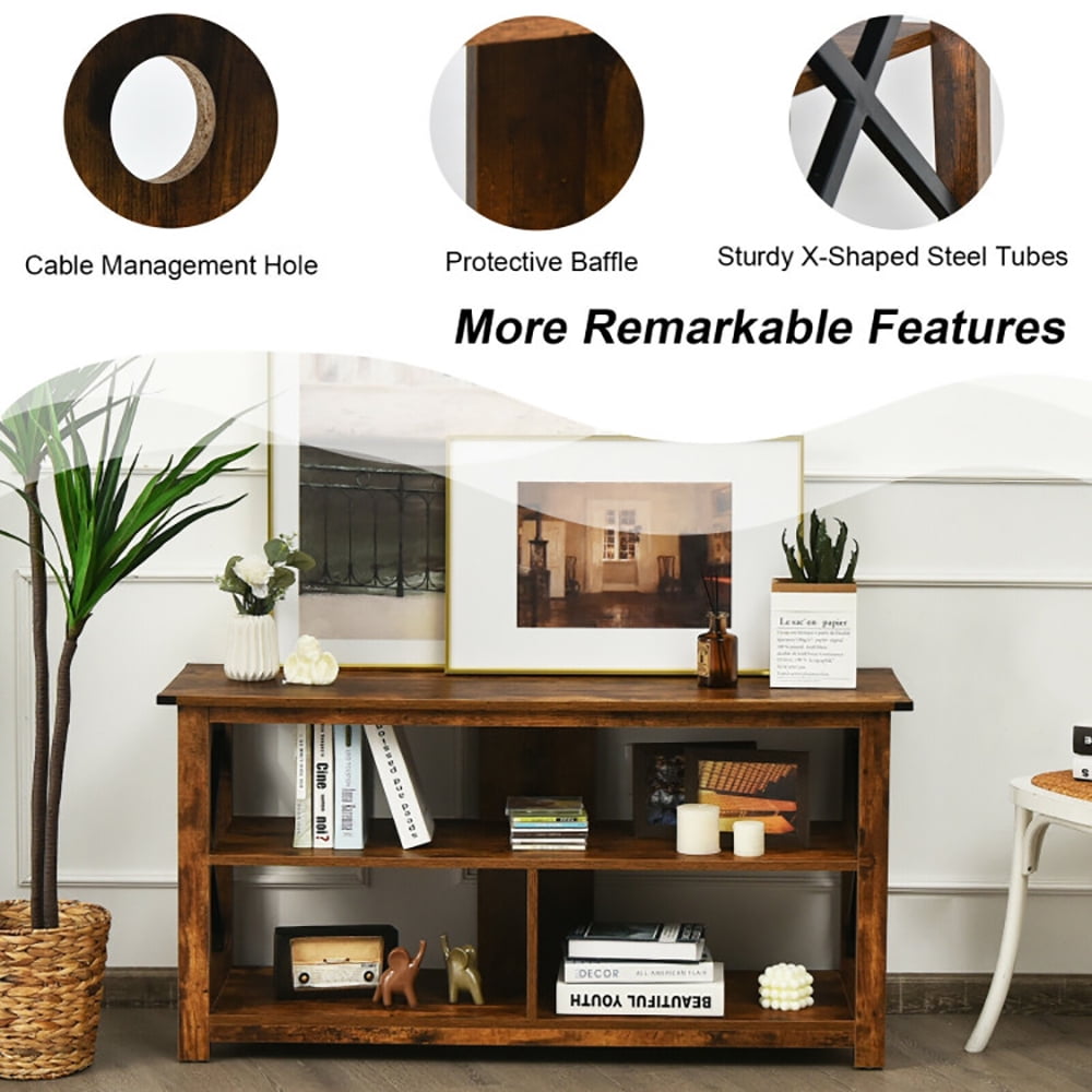 Finihen TV Stand, TV Cabinet, 3 Tier Wood TV Stand for 55-Inch with Open Shelves and X-Shaped Frame, Media Entertainment Center with Storage, for Living Room, Bedroom, Brown