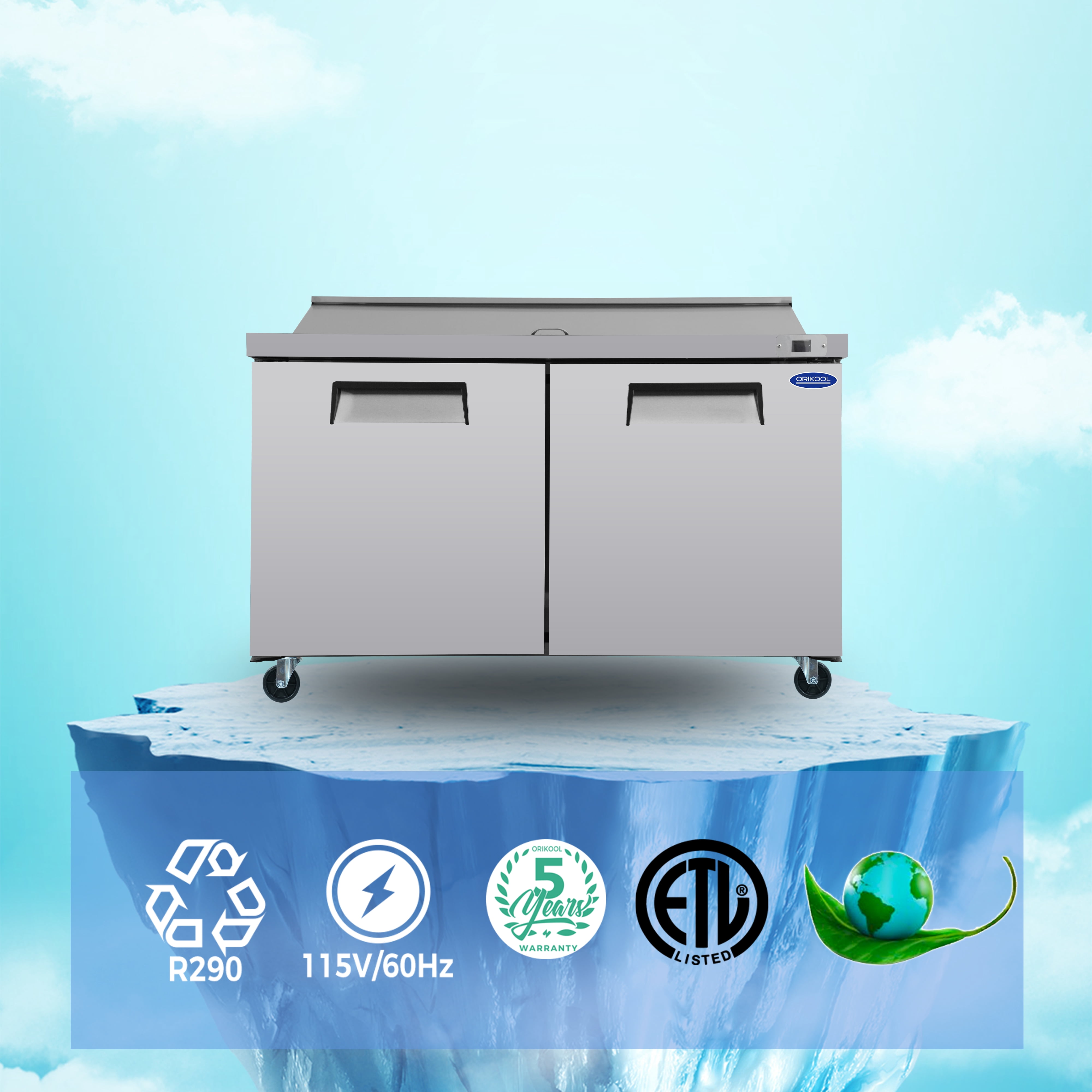 ORIKOOL 48" Commercial Refrigerator Salad Sandwich Prep Table Refrigerators 2 Door 13.8 Cu.ft Stainless Steel Refrigerated Mega Top