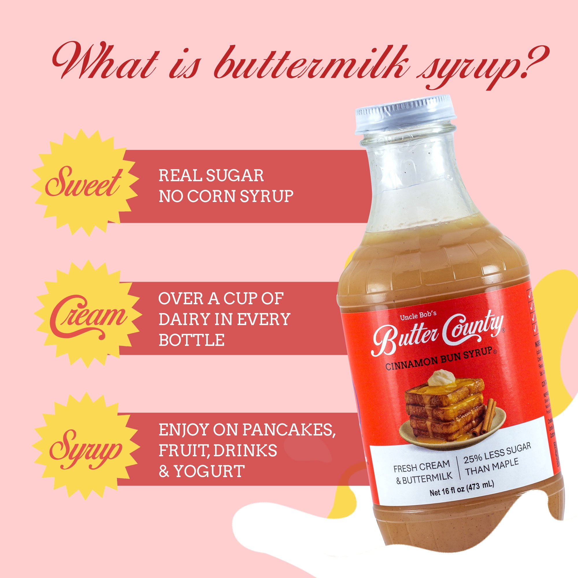 Butter Country Rich and Creamy Buttermilk Syrup | Cinnamon Bun Flavor | 16 fl oz/4 Pack