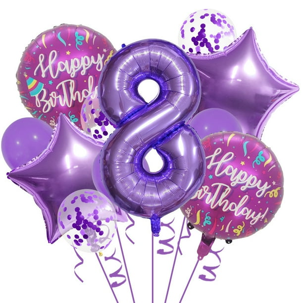 Kit de globos morados para octavo cumpleaños con 32 globos de aluminio con número 8